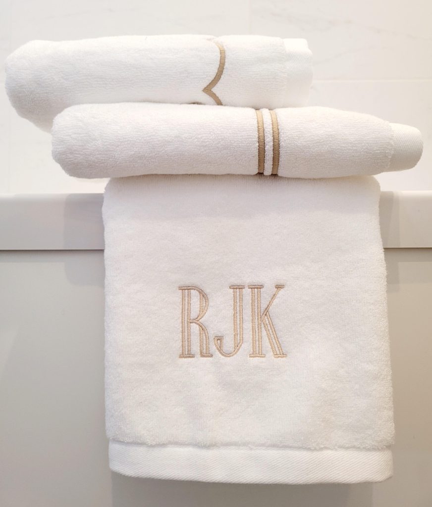monogram 720gsm white cotton towels by gilly nicolson