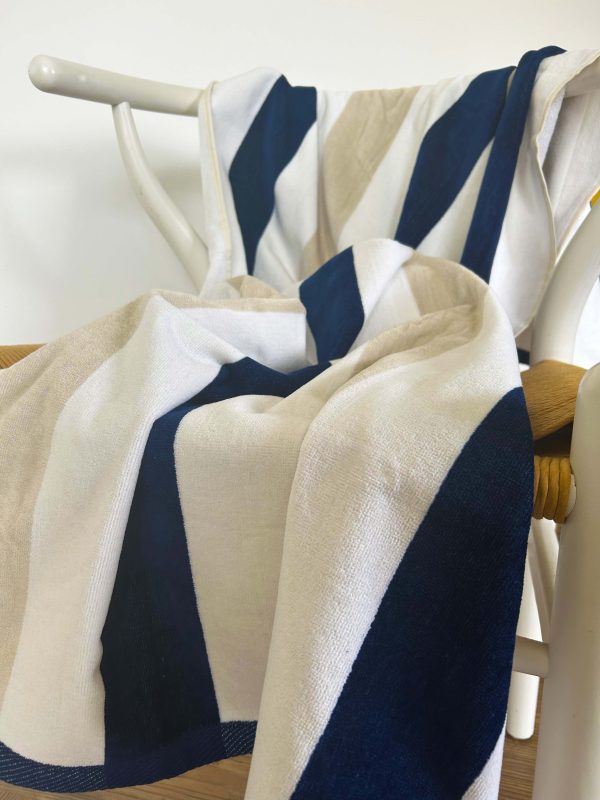 gilly nicolson navy and taupe striped beach towel in velour cotton