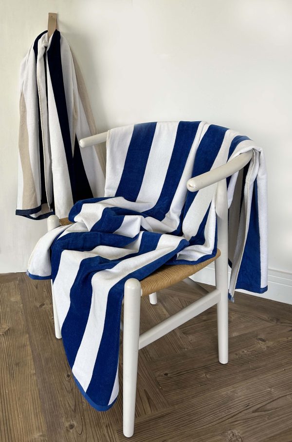 gilly nicolson blue and white striped beach towel in velour cotton