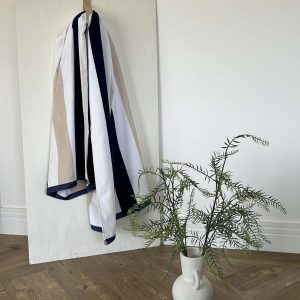 gilly nicolson navy and taupe striped beach towel in velour cotton