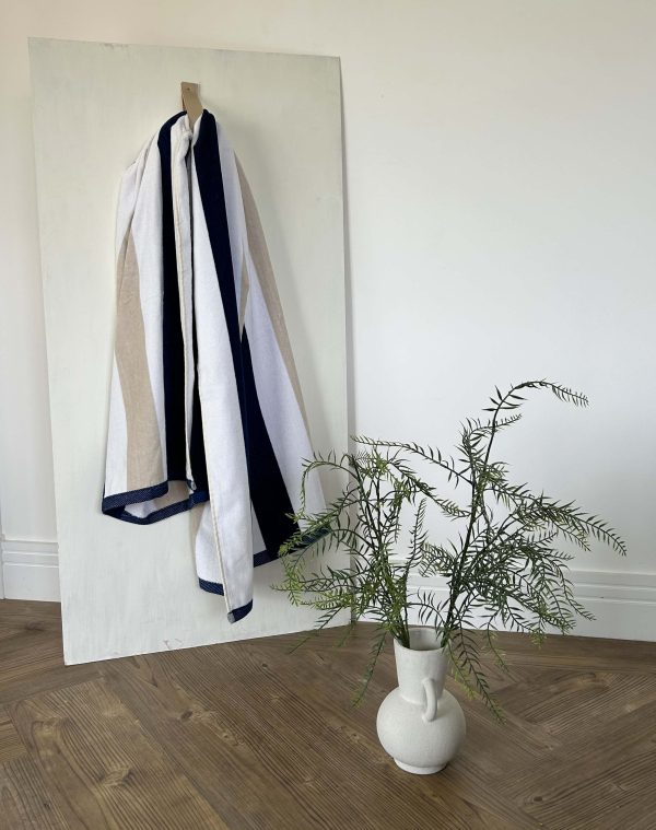 gilly nicolson navy and taupe striped beach towel in velour cotton