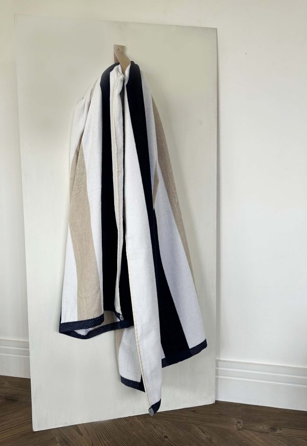 gilly nicolson navy and taupe striped beach towel in velour cotton